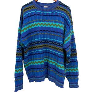 Vintage 90s Mens 3D Knit Crewneck Sweater Large Blue Green Chunky Striped Cotton